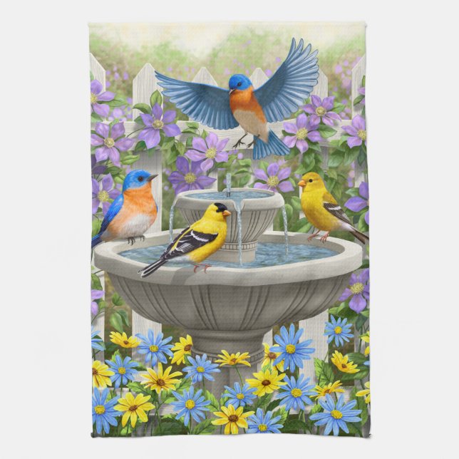 Colourful Birds and Bird Bath Flower Garden Tea Towel (Vertical)