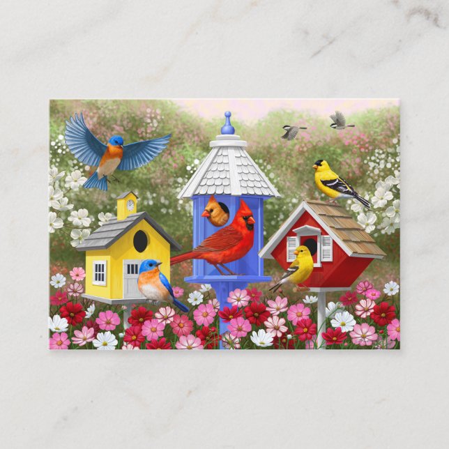 Colourful Birds and Birdhouses Business Card (Front)
