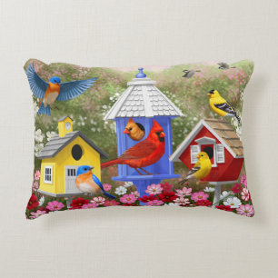 Colourful Birds and Birdhouses Decorative Cushion