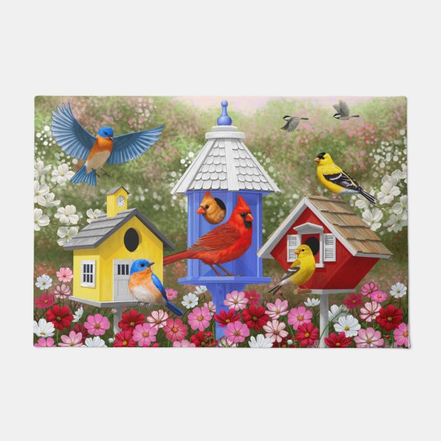 Colourful Birds and Birdhouses Doormat (Front)