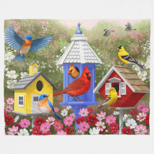 Colourful Birds and Birdhouses Fleece Blanket