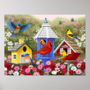 Colourful Birds and Birdhouses Flower Garden Poster