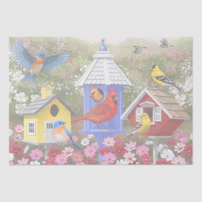 Colourful Birds and Birdhouses Flower Garden Tissue Paper (Front)