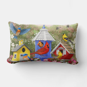 Colourful Birds and Birdhouses Lumbar Cushion