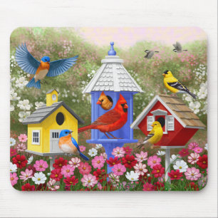 Colourful Birds and Birdhouses Mouse Mat