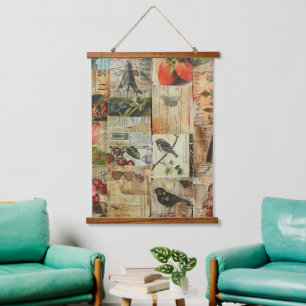 Colourful Birds Antique Newspaper Nature Collage Hanging Tapestry