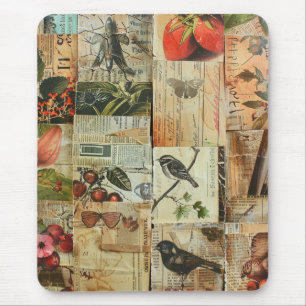 Colourful Birds Antique Newspaper Nature Collage Mouse Mat