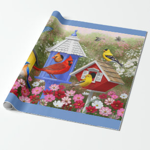 Colourful Birds & Birdhouses Flower Garden Wrapping Paper