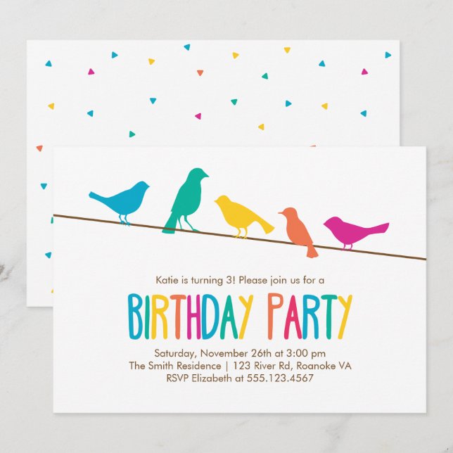 Colourful Birds Birthday Party Invitation (Front/Back)