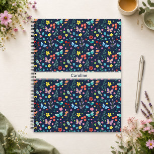 Colourful Birds Butterflies Floral Navy Notebook