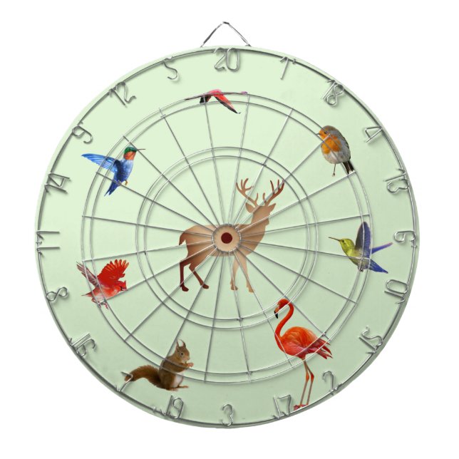 Colourful Birds, Deer & Squirrel on Light Green  Dartboard (Front)