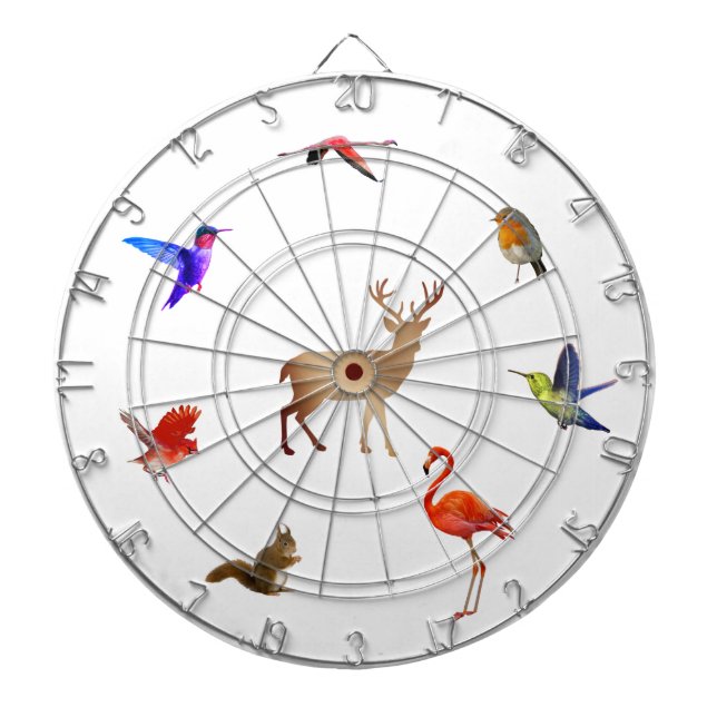 Colourful Birds, Deer & Squirrel on White Dartboard (Front)