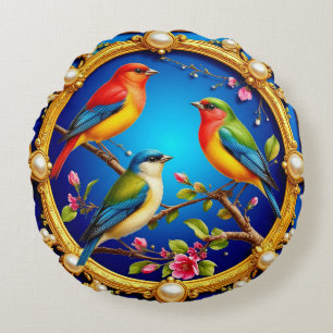 🦜 Colourful Birds Elegant Nature Home Decor Round Cushion