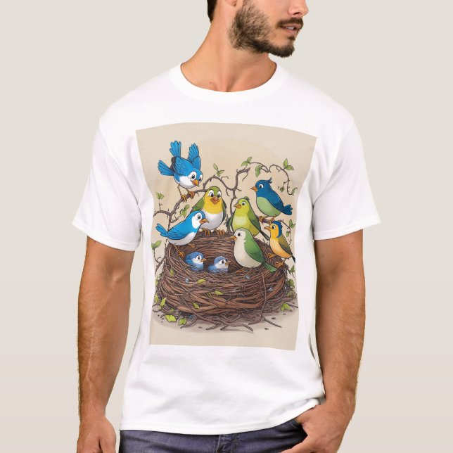 Colourful Birds Family Nest Art Print T-Shirt (Front)