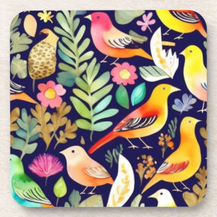 Colourful birds floral pattern blue decor coaster