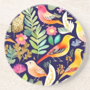 Colourful birds floral pattern blue decor coaster