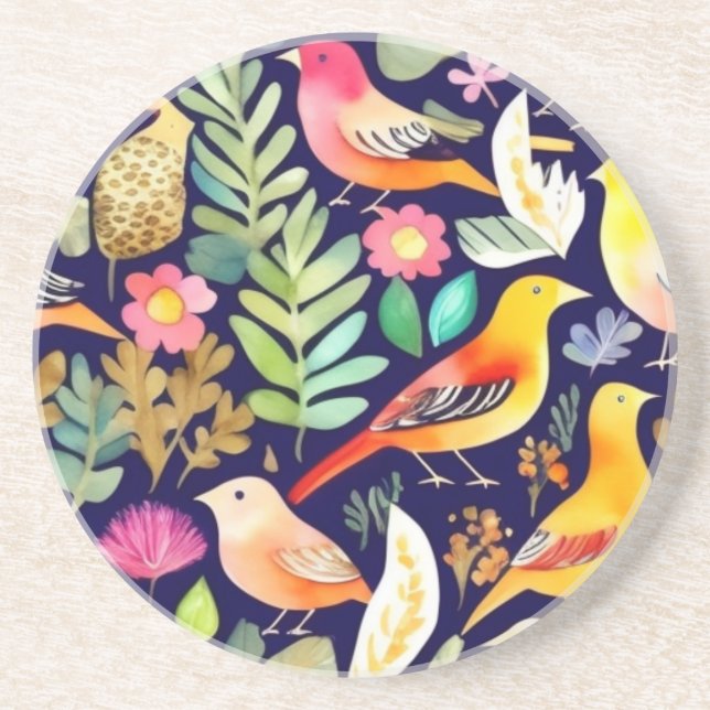Colourful birds floral pattern blue decor coaster (Front)