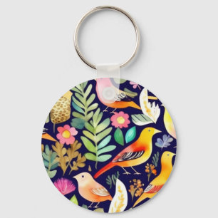 Colourful birds floral pattern blue decor key ring