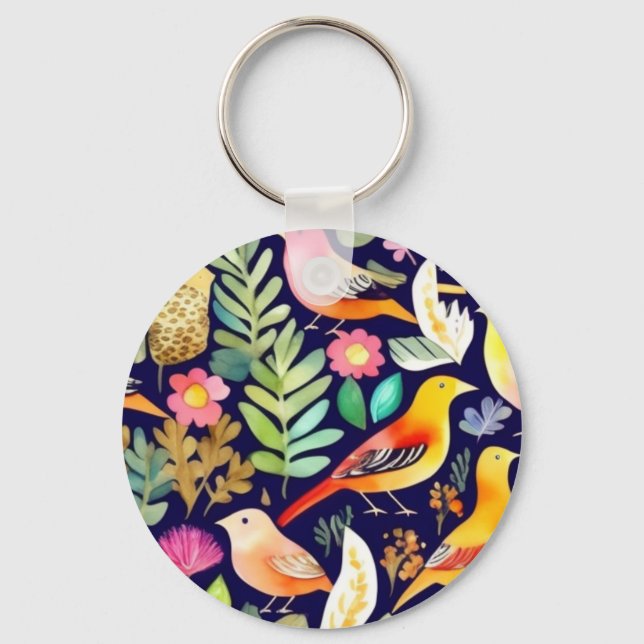 Colourful birds floral pattern blue decor key ring (Front)