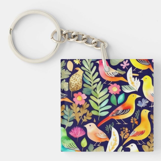 Colourful birds floral pattern blue decor key ring (Front)
