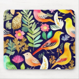 Colourful birds floral pattern blue decor mouse mat