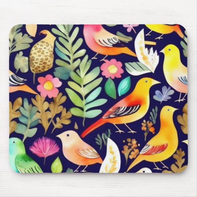 Colourful birds floral pattern blue decor mouse mat (Front)