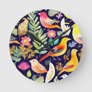 Colourful birds floral pattern blue decor round clock