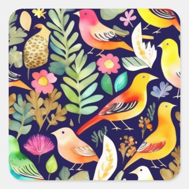 Colourful birds floral pattern blue decor square sticker (Front)