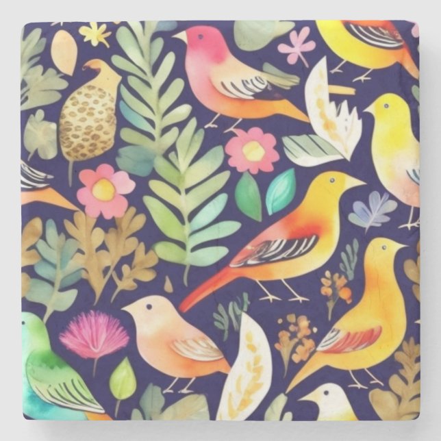 Colourful birds floral pattern blue decor stone coaster (Front)