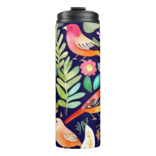 Colourful birds floral pattern blue decor thermal tumbler