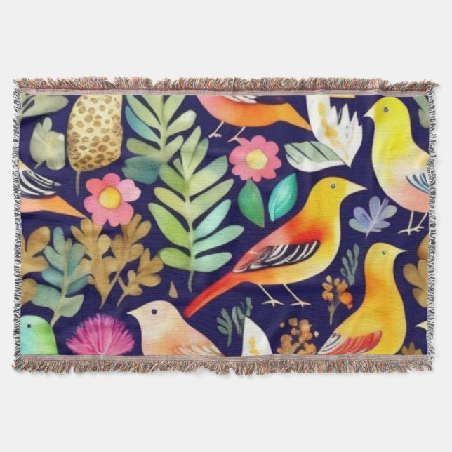 Colourful birds floral pattern blue decor throw blanket (Front)