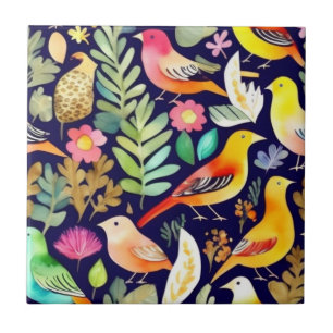 Colourful birds floral pattern blue decor tile