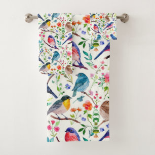 Colourful Birds Flowers Pattern Bath Towel Set