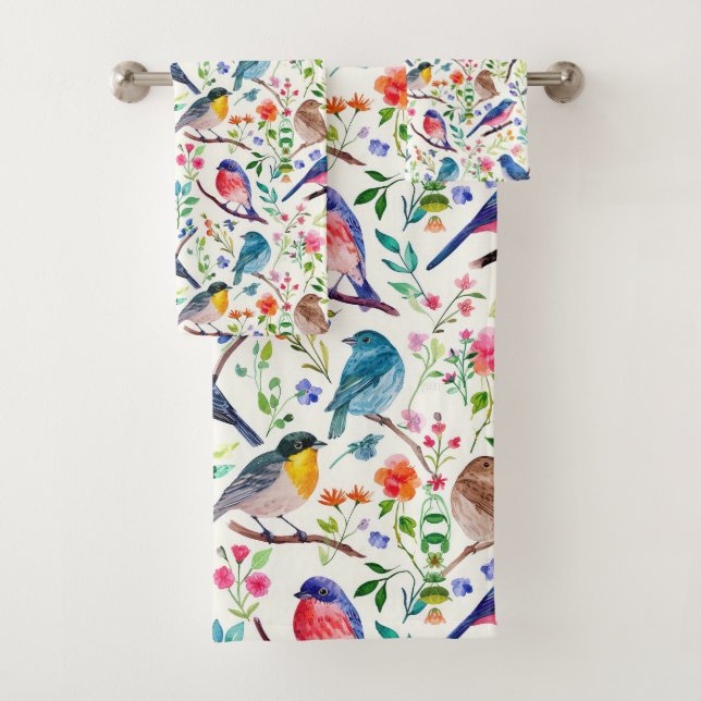 Colourful Birds Flowers Pattern Bath Towel Set (Insitu)