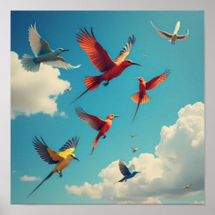 Colourful birds in a blue sky poster