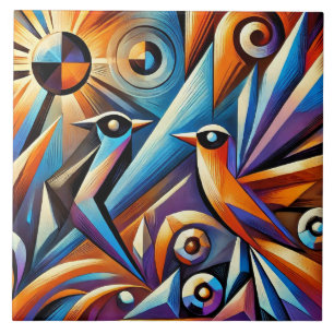 Colourful Birds in a Vibrant Geometric Style Tile