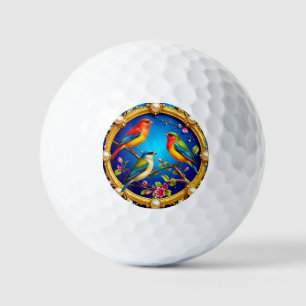Colourful Birds in Ornate Golden Frame Golf Balls