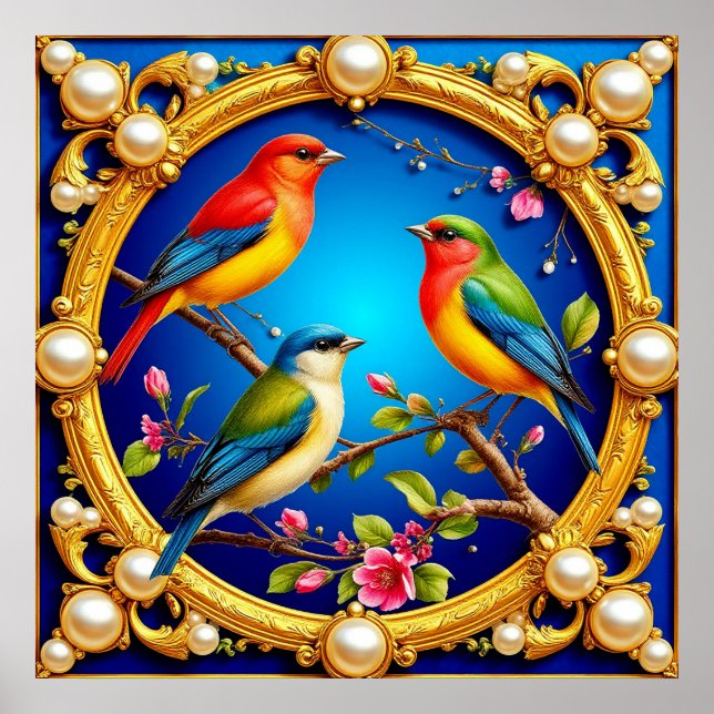 Colourful Birds in Ornate Golden Frame Poster (Front)