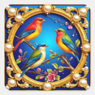 Colourful Birds in Ornate Golden Frame Square Sticker
