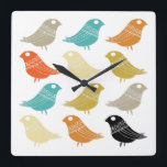 Colourful Birds Mid Century Modern Kitchen Square Wall Clock<br><div class="desc">This fabulous mid century modern clock features rows of bright birds,  in colours turquoise,  orange,  cream,  green,  tan and black. This will make a colourful addition to your kitchen!</div>