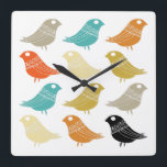 Colourful Birds Mid Century Modern Kitchen Square Wall Clock<br><div class="desc">This fabulous mid century modern clock features rows of bright birds,  in colours turquoise,  orange,  cream,  green,  tan and black. This will make a colourful addition to your kitchen!</div>