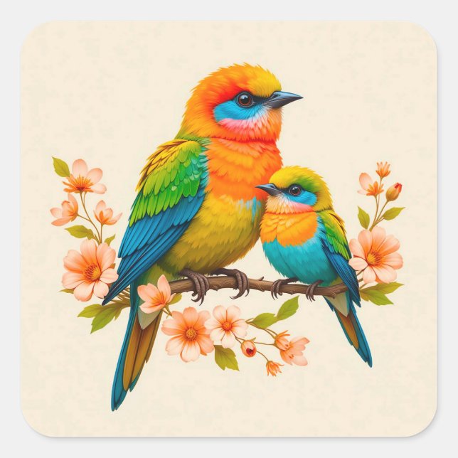 Colourful Birds on Branch Joyful Wildlife Gift 🌈✨ Square Sticker (Front)
