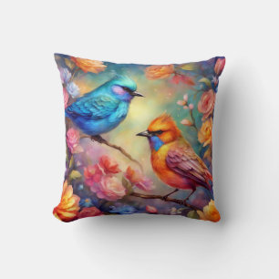 Colourful Birds on Branch Pink Rose Blue Bird 99 Cushion