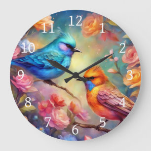 Colourful Birds on Branch Pink Rose Blue Bird 99 Large Clock