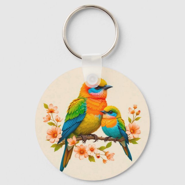 Colourful Birds Perched on a Branch Key Ring (Front)