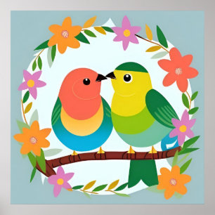 Colourful Birds Perched on a Branch Poster