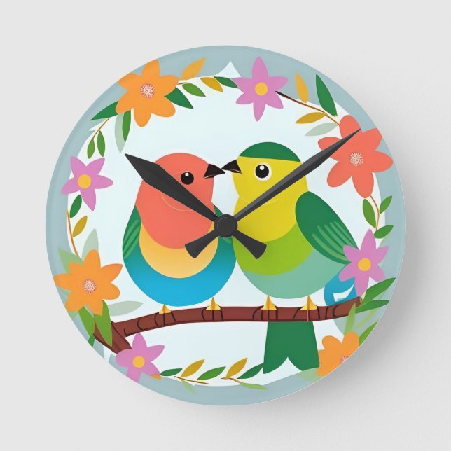 Colourful Birds Perched on a Branch Round Clock (Front)