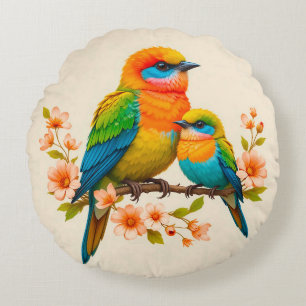 Colourful Birds Perched on a Branch Round Cushion