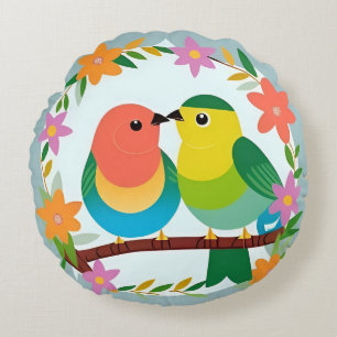 Colourful Birds Perched on a Branch Round Cushion