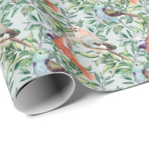 Colourful Birds & Snowberries with Blue Background Wrapping Paper